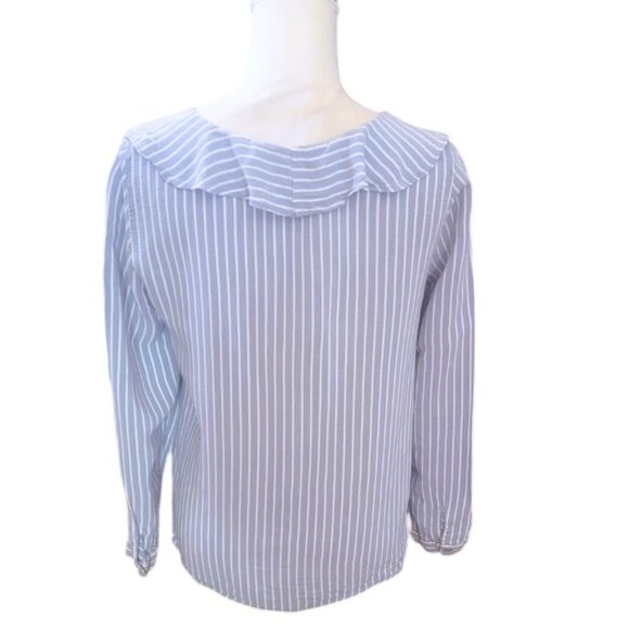 Zara Blue & White Striped Long Sleeve Ruffle Neckline Flowy Casual Blouse - Picture 3 of 5